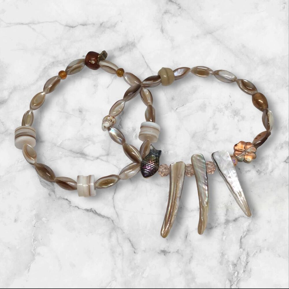 Natural Shell Czech Glass Crystals Stretch Bracelet Set Coastal Chic Beachy